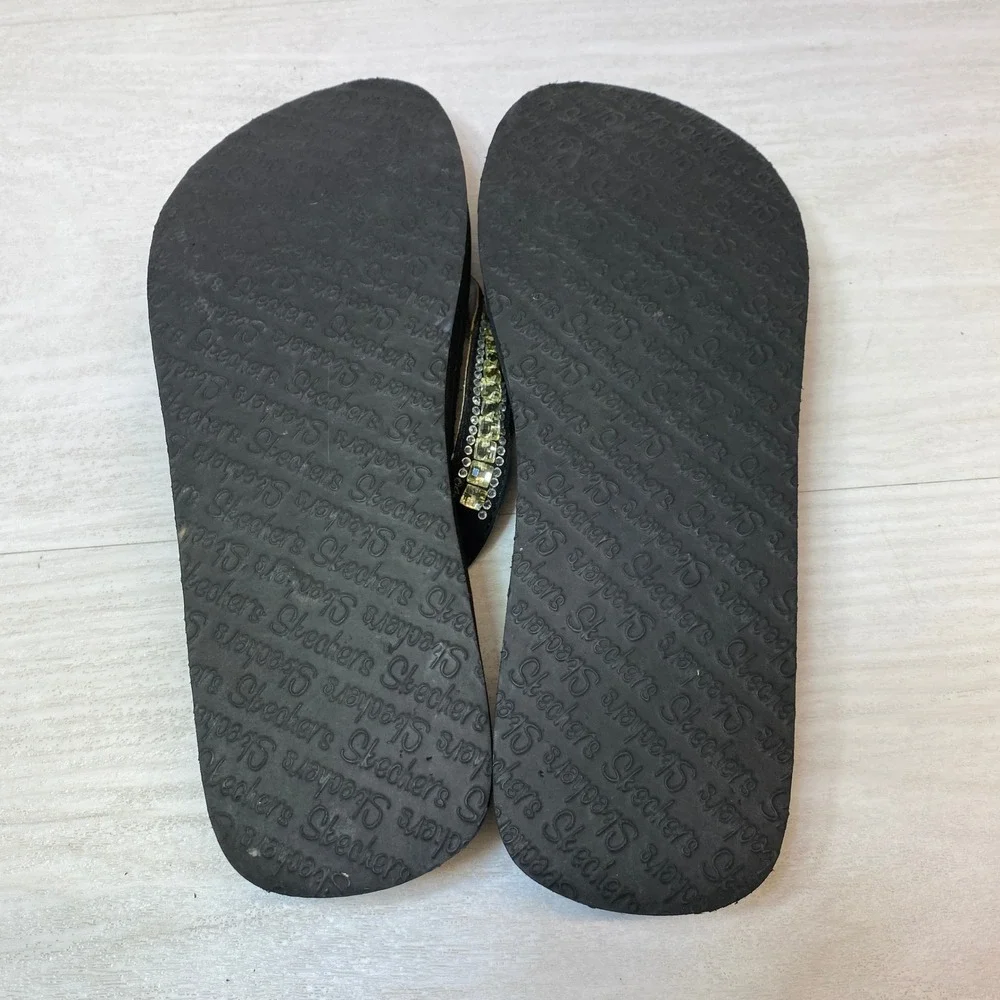 Skechers Womens 9 Platform Flip Flops Yoga Foam Rhinestone Black Wedge Sandals